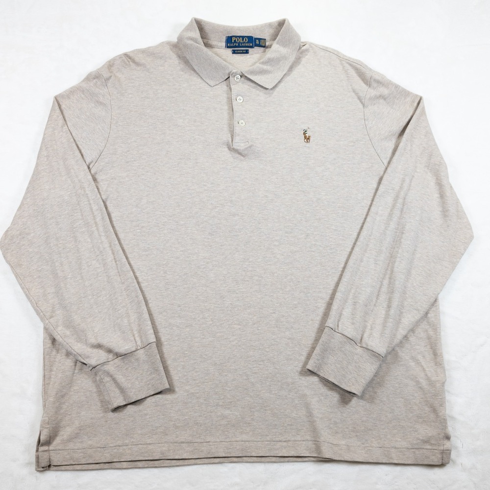 Polo Ralph Lauren Long Sleeve Polo Shirt Mens XL Heathered Beige Soft Lux Cotton